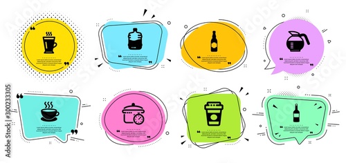 Boiling pan, Takeaway coffee and Beer bottle line icons set. Chat bubbles with quotes. Coffeepot, Cappuccino and Cooler bottle signs. Latte, Wine symbols. Cooking timer, Latte drink. Vector