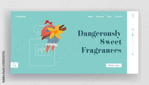 Fragrance Website Landing Page. Perfumer Sitting on Huge Perfumery Bottle Holding Vanilla Flowers and Sticks for Creating New Toilet Water Perfume Web Page Banner. Cartoon Flat Vector Illustration
