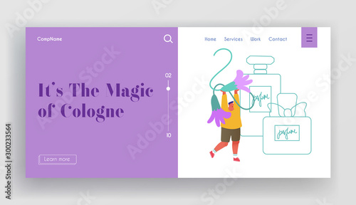 Aroma Composition, Perfumery Website Landing Page. Perfumer Create New Perfume Fragrance. Tiny Man Bring Ingredients to Huge Bottle with Toilet Water Web Page Banner. Cartoon Flat Vector Illustration