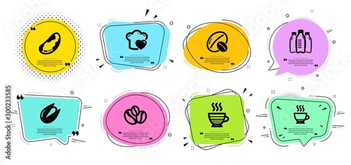 Cafe creme, Pistachio nut and Water bottles line icons set. Chat bubbles with quotes. Coffee-berry beans, Brazil nut and Espresso signs. Love cooking symbol. Hot coffee, Vegetarian food. Vector