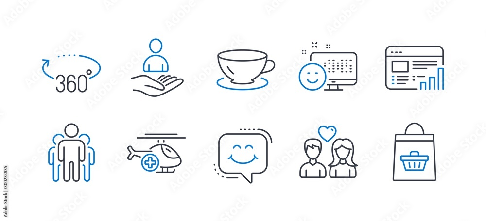 Set of Business icons, such as Medical helicopter, Web report, Couple love, Espresso, Recruitment, Smile chat, Group, 360 degrees, Smile, Online buying line icons. Sky transport, Graph chart. Vector
