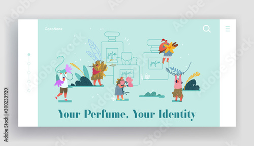 Perfumery Composition Creation Website Landing Page. Perfumers Create New Perfume Fragrance. People Bring Aroma Ingredients to Huge Sprayer Bottle Web Page Banner. Cartoon Flat Vector Illustration © wooster