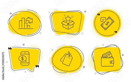 Phone payment, Decreasing graph and Debit card signs. Chat bubbles. Sale tags, Accepted payment and Loyalty program line icons set. Discount labels, Bank transfer, Bonus star. Mobile pay. Vector