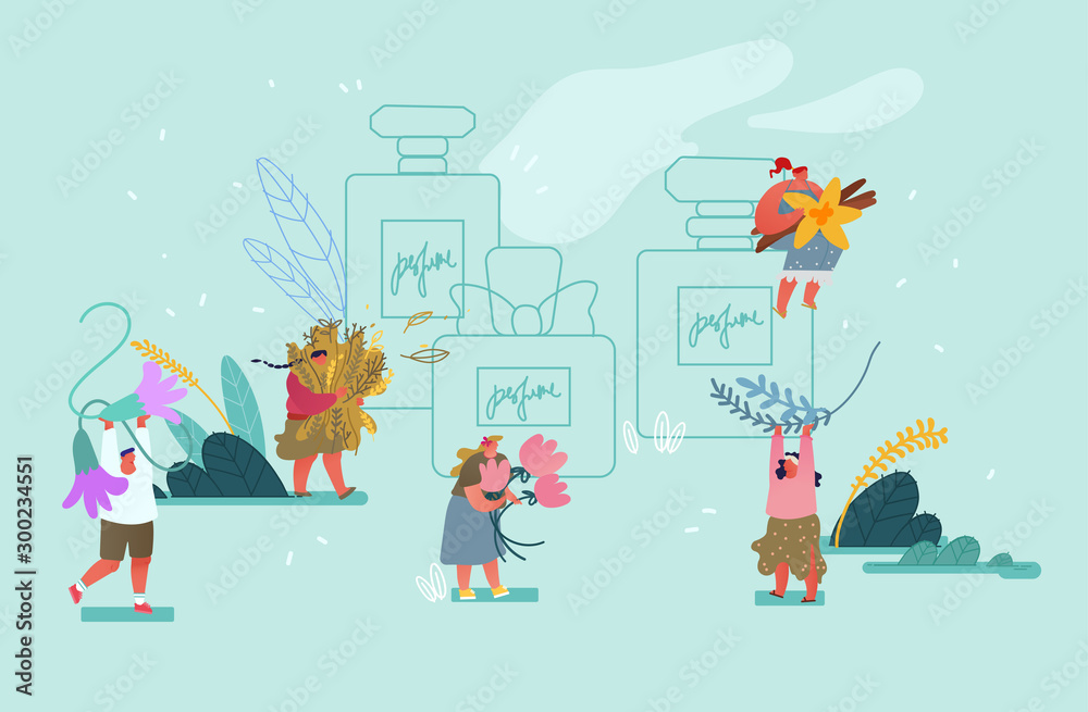 Fototapeta premium Perfumery Composition Creation. Tiny Male and Female Perfumers Create New Perfume Fragrance. People Bring Aroma Ingredients to Huge Sprayer Bottle with Toilet Water. Cartoon Flat Vector Illustration