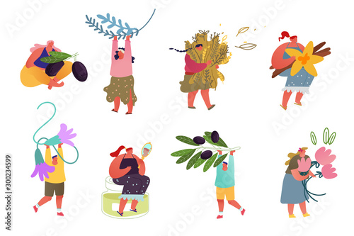 Perfume Creation and Olive Pure Oil Producing Set Isolated on White Background. Tiny Male and Female Characters Hold Huge Olive Tree Branches and Perfumery Ingredients Cartoon Flat Vector Illustration