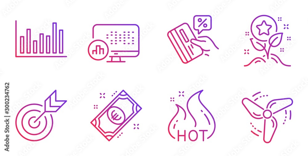 Report statistics, Hot sale and Credit card line icons set. Target, Bar diagram and Euro money signs. Loyalty points, Wind energy symbols. Graph chart, Shopping flame. Finance set. Vector Report statistics, Hot sale and Credit card line icons set. Target, Bar diagram and Euro money signs. Loyalty points, Wind energy symbols. Graph chart, Shopping flame. Finance set. Vector