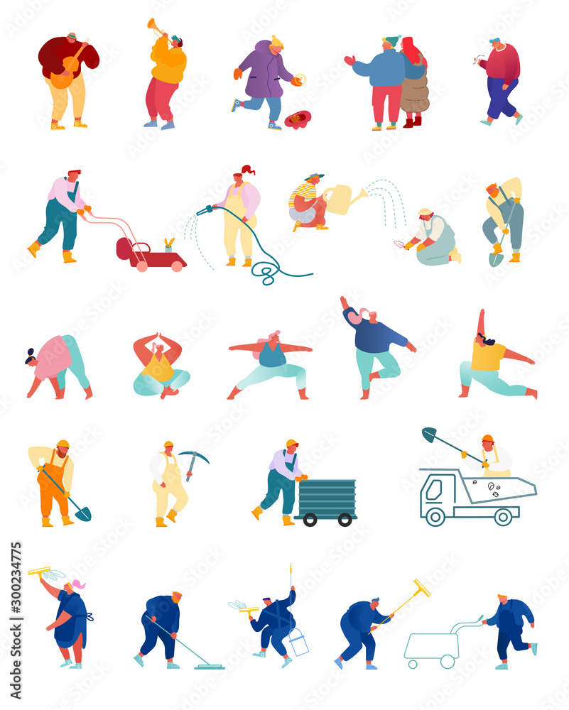 Different People Professions Set. Male and Female Characters Street Musicians, Gardeners and Farmers, Coal Mining Industry Occupation, Professional Cleaning Service Cartoon Flat Vector Illustration