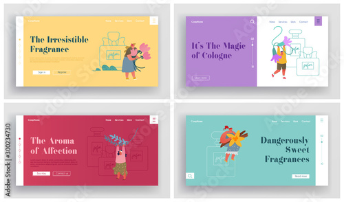 Perfumery and Fragrance Making Website Landing Page Set. Young People Perfumers Preparing Herbs and Flowers Ingredients for Make Perfume Composition Web Page Banner. Cartoon Flat Vector Illustration