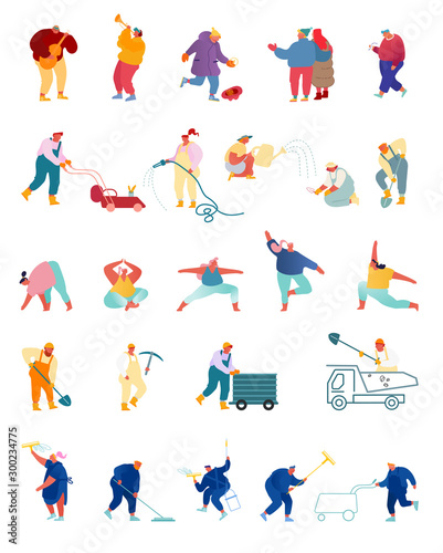 Different People Professions Set. Male and Female Characters Street Musicians  Gardeners and Farmers  Coal Mining Industry Occupation  Professional Cleaning Service Cartoon Flat Vector Illustration