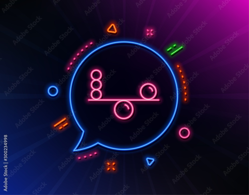 Balance line icon. Neon laser lights. Mind stability sign. Concentration symbol. Glow laser speech bubble. Neon lights chat bubble. Banner badge with balance icon. Vector