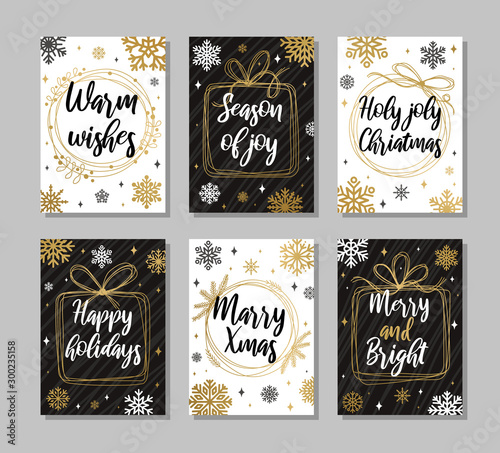Set of Christmas and winter holidays greeting cards on black and white backgrounds.