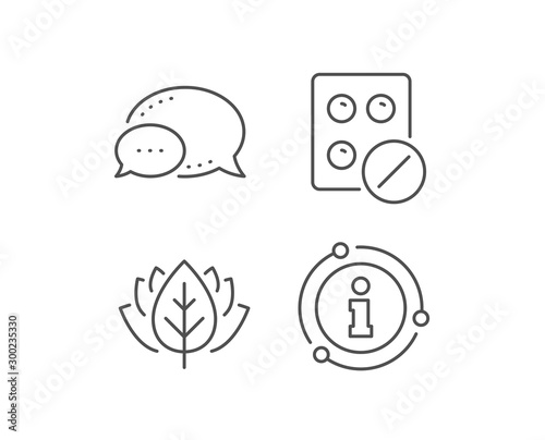 Medical tablet line icon. Chat bubble, info sign elements. Medicine drugs sign. Pharmacy medication symbol. Linear medical tablet outline icon. Information bubble. Vector