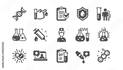Medical healthcare, doctor icons. Drug testing, scientific discovery and disease prevention icons. Chemical formula, chemistry testing lab. Classic set. Quality set. Vector