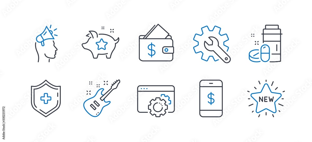 Set of Business icons, such as Medical drugs, Brand ambassador, Electric guitar, Loyalty points, Customisation, Seo gear, Wallet, Smartphone payment, Medical shield, New star line icons. Vector Set of Business icons, such as Medical drugs, Brand ambassador, Electric guitar, Loyalty points, Customisation, Seo gear, Wallet, Smartphone payment, Medical shield, New star line icons. Vector
