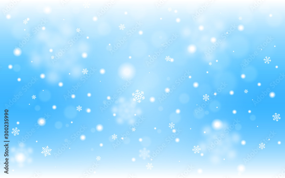 Snow background blue. Christmas snowfall with defocused flakes. Winter concept with falling snow. Holiday texture and white elements. Vector illustration