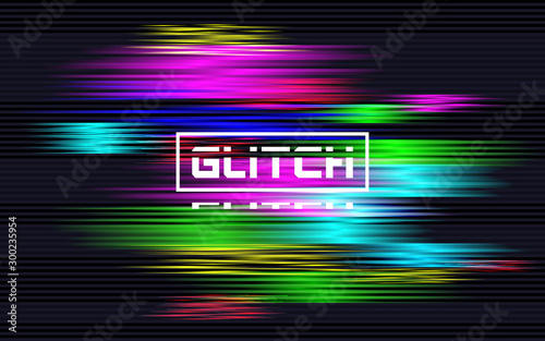 Glitch banner with color distortions. Abstract horizontal lines. TV digital distortion effect. Futuristic colorful texture. Broken signal template with chaotic shapes. Vector illustration