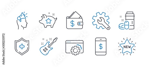 Set of Business icons, such as Medical drugs, Brand ambassador, Electric guitar, Loyalty points, Customisation, Seo gear, Wallet, Smartphone payment, Medical shield, New star line icons. Vector