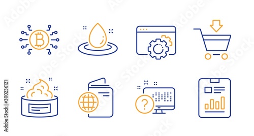 Travel passport, Skin cream and Fuel energy line icons set. Seo gear, Online market and Online quiz signs. Bitcoin system, Report document symbols. Trip document, Medical cosmetic. Vector