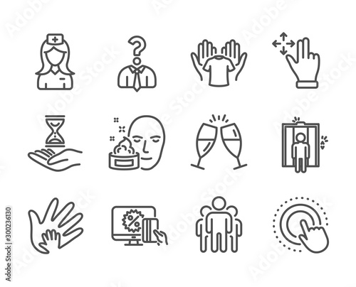 Set of People icons  such as Hold t-shirt  Hospital nurse  Click hand  Time hourglass  Champagne glasses  Social responsibility  Hiring employees  Face cream  Online shopping  Group. Vector