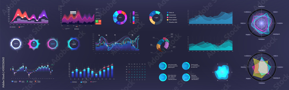 Infographic dashboard template with charts, diagrams elements, online statistics and data analytics. Information panel Mockup. UI, UX, KIT elements design. Vector graphics and infographics set