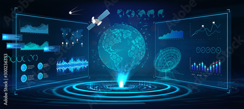 Futuristic Earth globe hologram and HUD interface panels, with 3D antenna and satellites. Сontrol center dashboard. Earth globe hologram with sci-fi interface. Vector illustration 