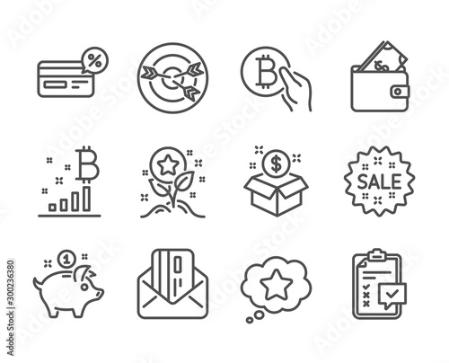 Set of Finance icons, such as Checklist, Saving money, Wallet, Targeting, Loyalty points, Cashback, Sale, Post package, Credit card, Bitcoin graph, Loyalty star, Bitcoin pay line icons. Vector