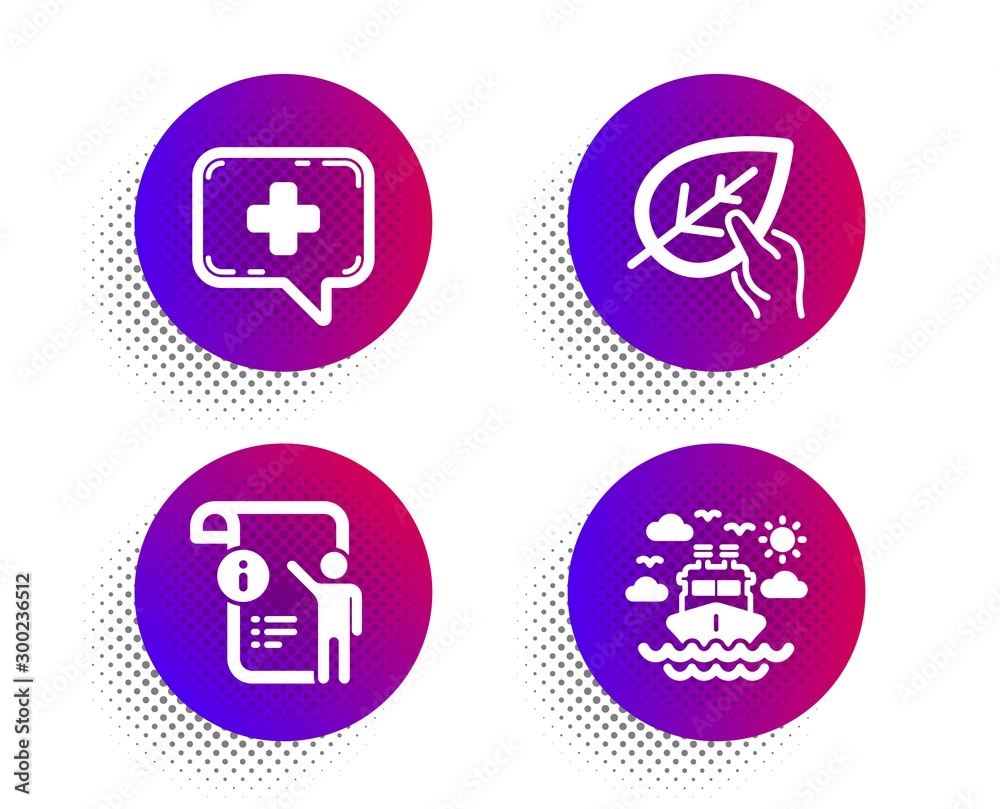 Manual doc, Organic tested and Medical chat icons simple set. Halftone dots button. Ship travel sign. Project info, Paraben, Medicine help. Cruise transport. Business set. Vector