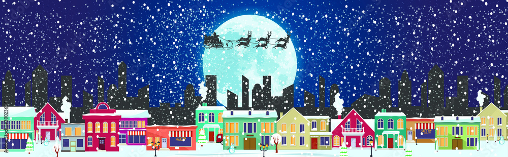 Panorama. Seamless border with winter cityscape. Snowy night in a cozy city. Winter Christmas Village NIGHT landscape.