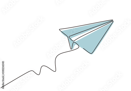 Continuous line drawing of paper airplane. Craft plane business metaphor hand drawn sketch minimalism and simplicity style.