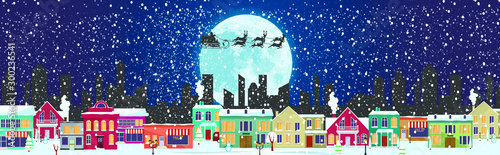 Panorama. Seamless border with winter cityscape. Snowy night in a cozy city. Winter Christmas Village NIGHT landscape.