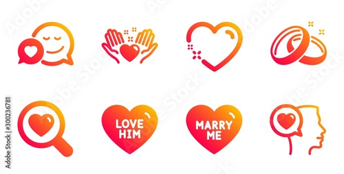 Marry me, Hold heart and Search love line icons set. Love him, Heart and Wedding rings signs. Dating, Romantic talk symbols. Wedding, Friendship. Love set. Gradient marry me icons set. Vector