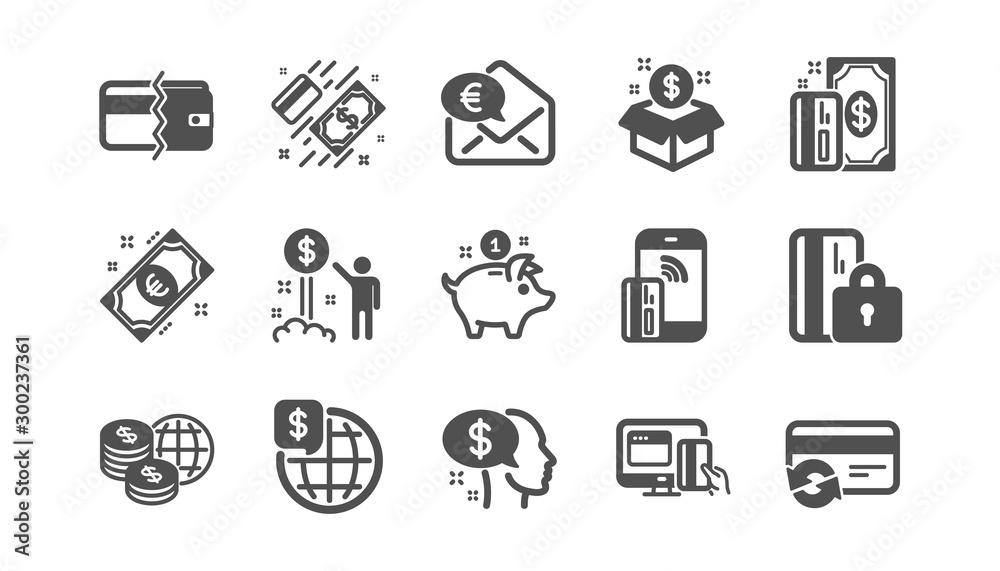 Money payment icons. Bank transfer, Piggy bank and Credit card. Cash classic icon set. Quality set. Vector