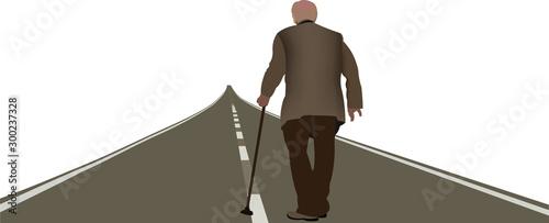 persona anziana di spalle cammina sulla strada  photo