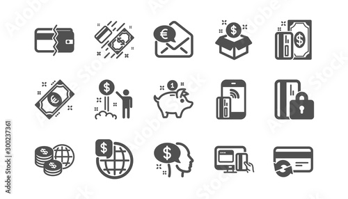 Money payment icons. Bank transfer  Piggy bank and Credit card. Cash classic icon set. Quality set. Vector