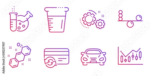 Car, Gears and Chemical formula line icons set. Chemistry lab, Cooking beaker and Change card signs. Balance, Financial diagram symbols. Transport, Work process. Business set. Vector