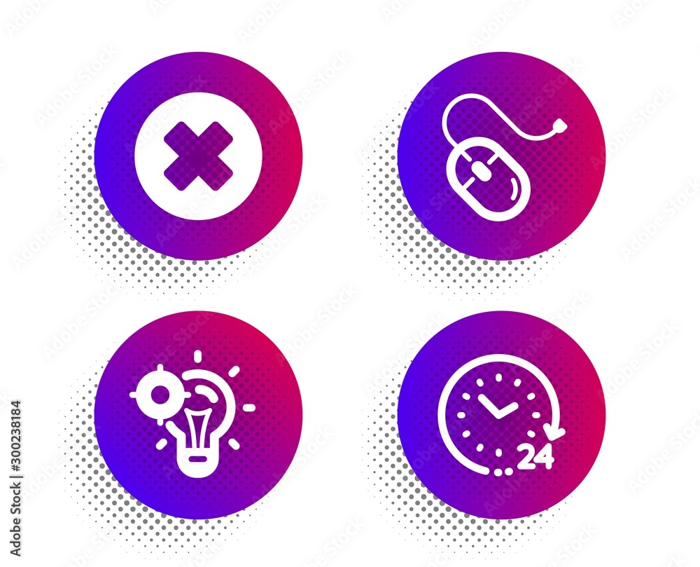 Close button, Computer mouse and Seo idea icons simple set. Halftone dots button. 24 hours sign. Delete or decline, Pc device, Performance. Time. Technology set. Classic flat close button icon. Vector