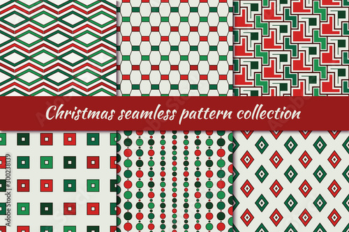 Christmas seamless pattern collection. Holiday backgrounds set. Print kit in traditional colors. Vector digital paper.