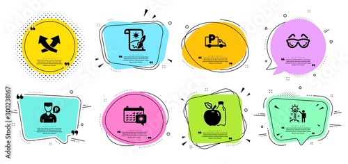 Apple, Travel calendar and Creative idea line icons set. Chat bubbles with quotes. Eyeglasses, Truck parking and Creative painting signs. Intersection arrows, Valet servant symbols. Vector