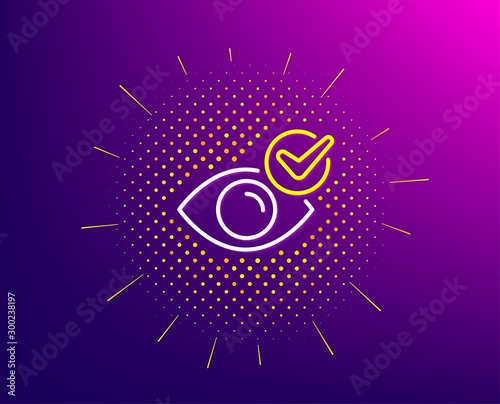 Check eye line icon. Halftone pattern. Oculist clinic sign. Optometry vision symbol. Gradient background. Check eye line icon. Yellow halftone pattern. Vector