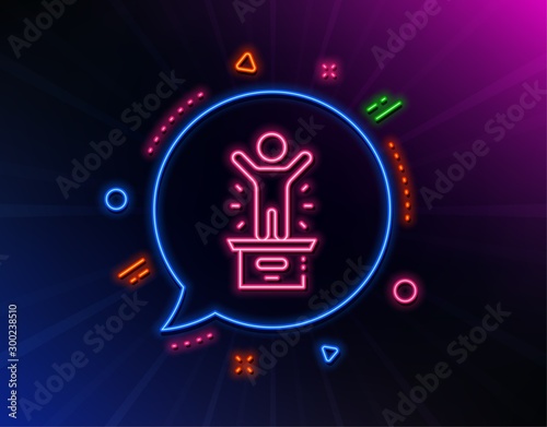 Winner podium line icon. Neon laser lights. First place sign. Best rank star symbol. Glow laser speech bubble. Neon lights chat bubble. Banner badge with winner podium icon. Vector