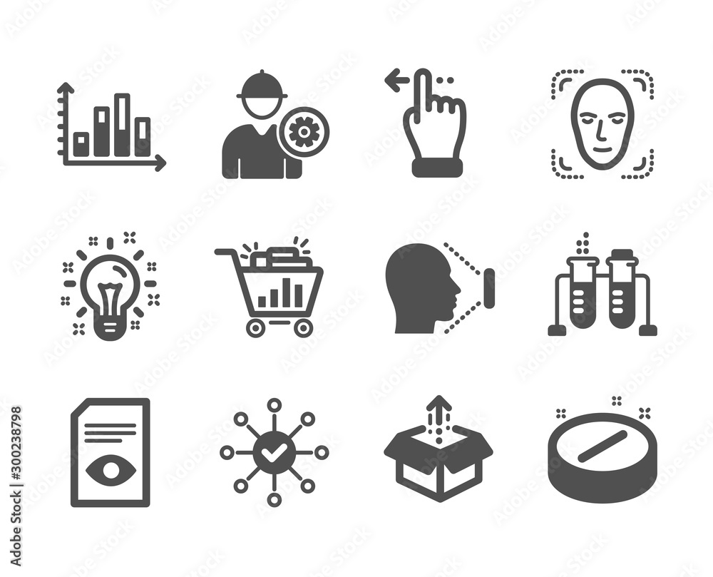 Set of Business icons, such as Idea, Diagram graph, Medical tablet, Face id, Seo shopping, Face detection, Survey check, View document, Engineer, Chemistry beaker, Touchscreen gesture. Vector
