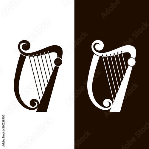 stringed harp icons set isolated on white and black background