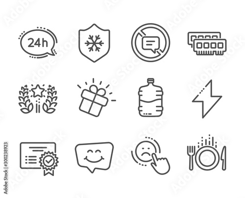 Set of Business icons, such as Ram, Certificate, Smile chat, Dislike, Gift, 24h service, Clean skin, Energy, Food, Cooler bottle, Ranking, Stop talking line icons. Ram icon. Vector