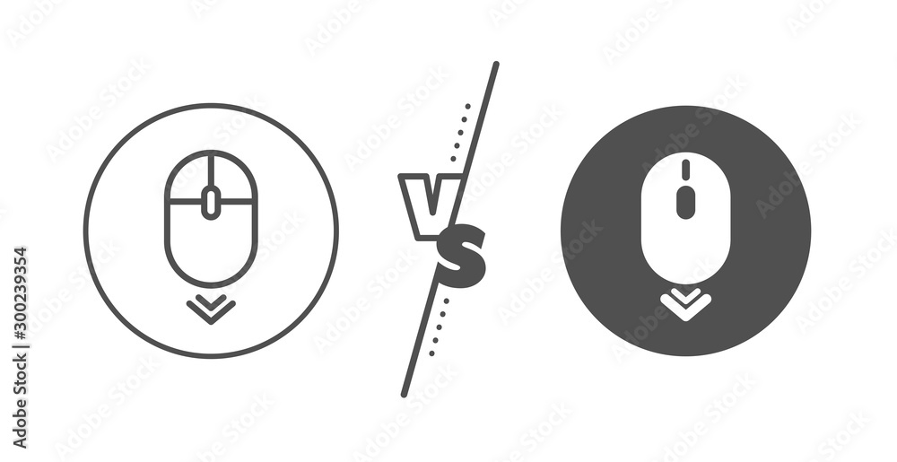 Scrolling screen sign. Versus concept. Scroll down mouse line icon. Swipe page. Line vs classic scroll down icon. Vector Scrolling screen sign. Versus concept. Scroll down mouse line icon. Swipe page. Line vs classic scroll down icon. Vector