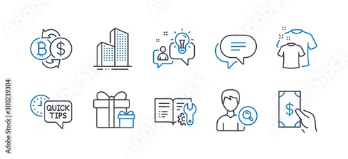 Set of Business icons, such as Clean t-shirt, Idea, Surprise package, Bitcoin exchange, Text message, Skyscraper buildings, Engineering documentation, Search people, Quick tips line icons. Vector