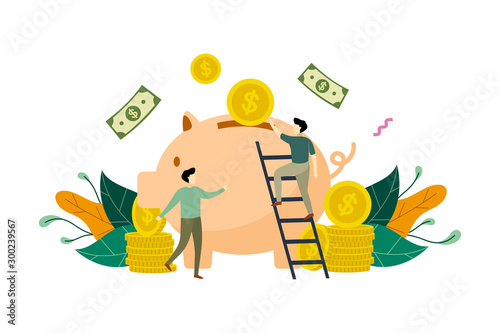 Saving money, Financial, banking. small people putting coin into large piggy bank concept vector flat illustration, suitable for background, landing page, ui, ux, advertising illustration