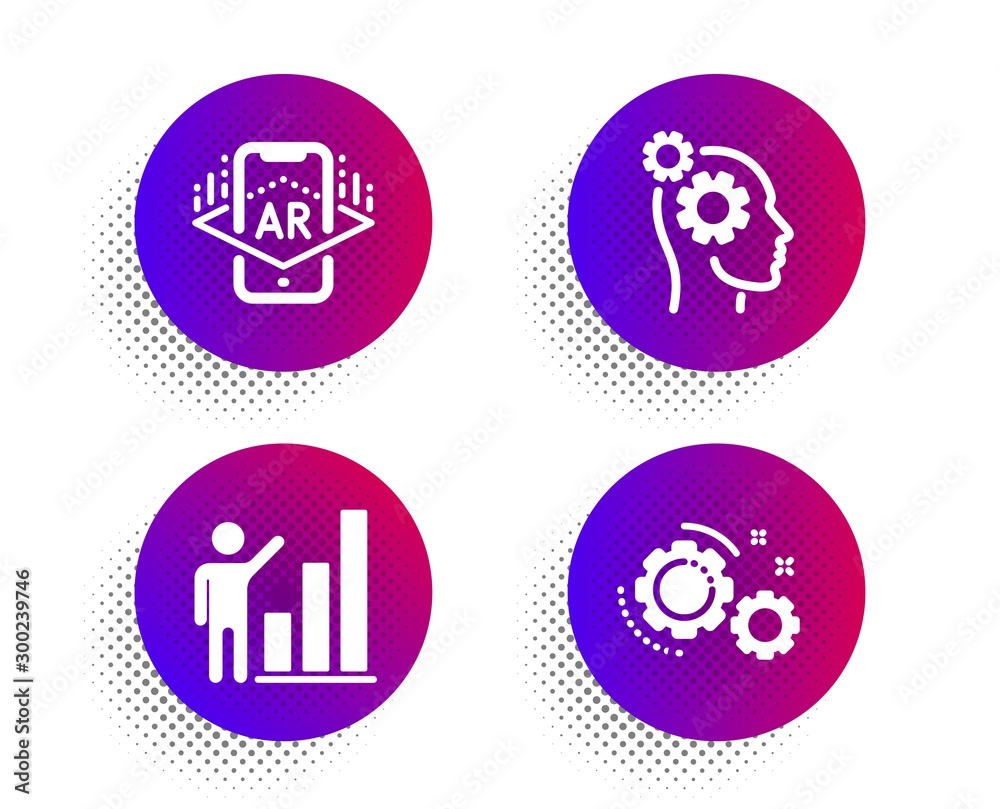 Thoughts, Augmented reality and Graph chart icons simple set. Halftone dots button. Gears sign. Business work, Phone simulation, Growth report. Work process. Science set. Vector