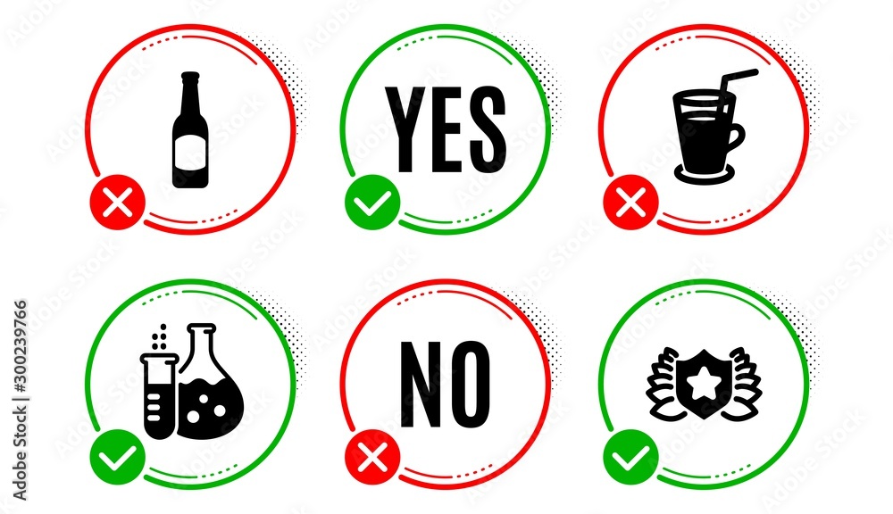 Chemistry flask, Cocktail and Beer icons simple set. Yes no check box. Laureate sign. Laboratory, Fresh beverage, Bar drink. Award shield. Business set. Chemistry flask icon. Check mark. Vector Chemistry flask, Cocktail and Beer icons simple set. Yes no check box. Laureate sign. Laboratory, Fresh beverage, Bar drink. Award shield. Business set. Chemistry flask icon. Check mark. Vector