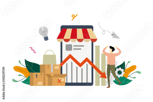 e-store profit loss, online shop decrease. E-marketing income crisis with small businessman concept vector flat illustration, suitable for background, advertising illustration
