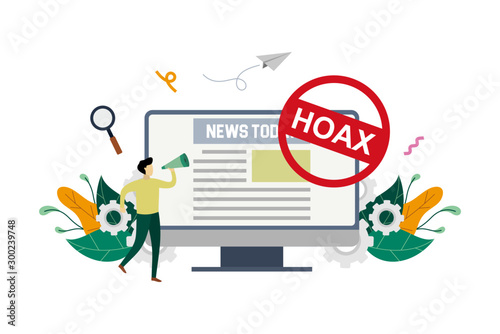 Hoax, fake news, disinformation spread via online media, news websites concept with small people and large PC vector flat illustration, suitable for background, advertising illustration